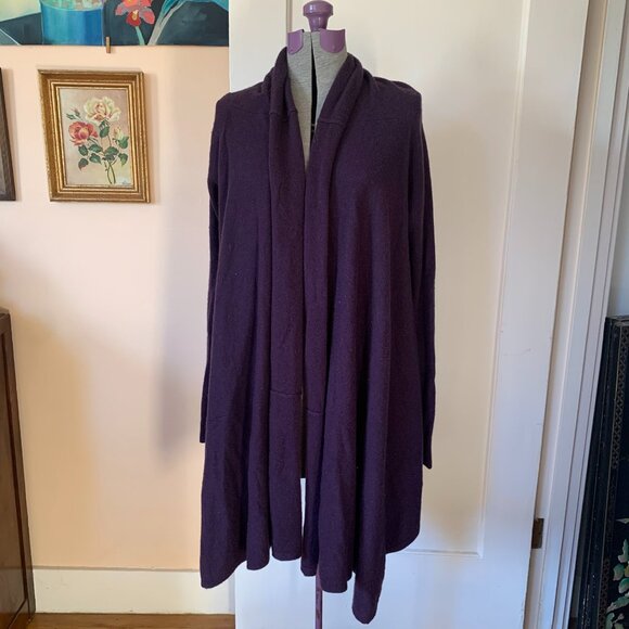 CASHMERE Longline Cardigan M Dark Purple Waterfall Open Front Draped Lagenlook - Picture 2 of 5